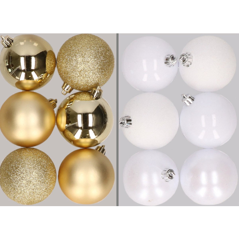 12x stuks kunststof kerstballen mix van goud en wit 8 cm -