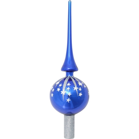 Luxe blauwe glazen piek met zilveren glitter sterren 28 cm -