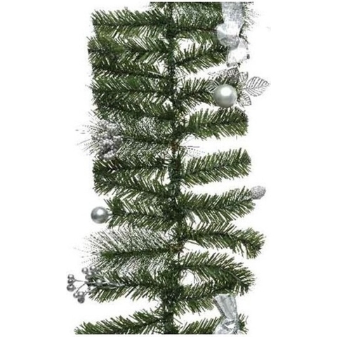Groene kerst dennenslinger guirlande met zilveren versiering 180 -