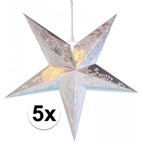 5x stuks decoratie sterren lampionnen zilver van 60 cm -