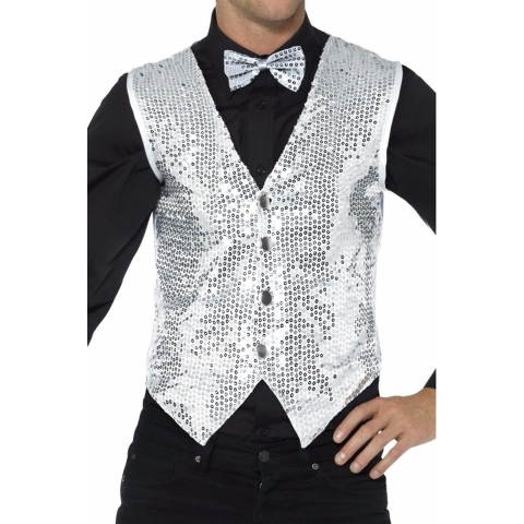 Carnavalkleding verkleed Pailetten Gilet/vestje - zilver - Heren - Polyester 48-50 (M) -