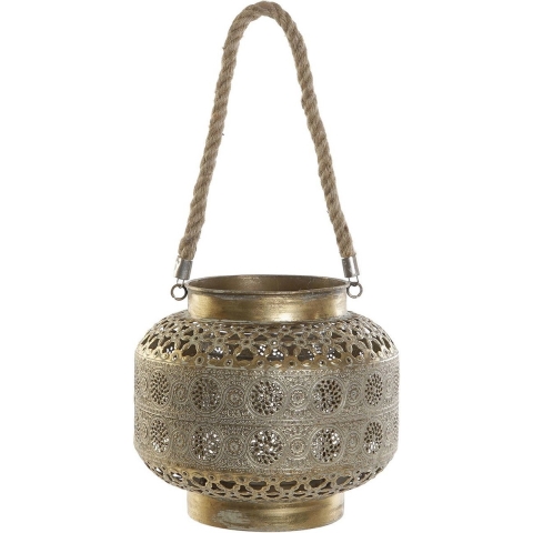 Kaarshouder/windlicht goud metaal 26 x 22 cm met touw -