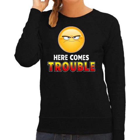 Funny emoticon sweater Here comes trouble zwart dames M -