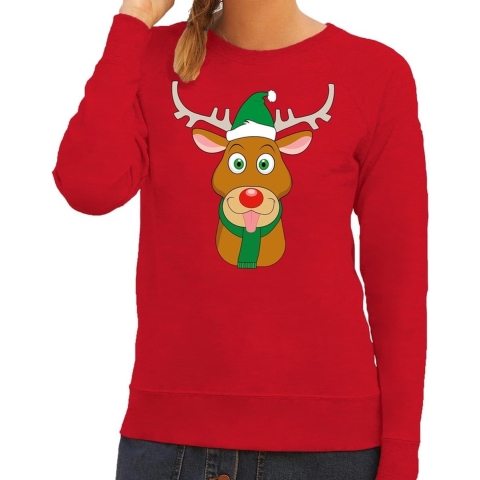 Foute kersttrui rendier Rudolf met groene kerstmuts rood dames M (38) -