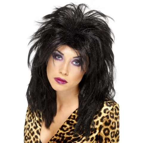 Verkleed pruik - zwart haar - Jaren 80 - popster - rock and roll - damespruik -