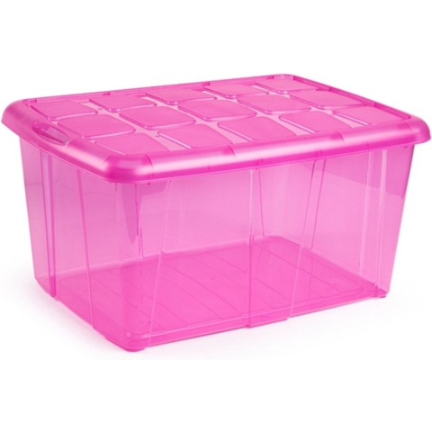 Plasticforte opslagbak organizers met deksel - transparant/roze - 60 liter - kunststof -