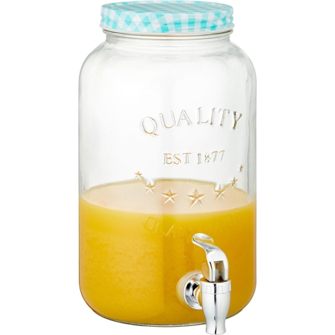 Glazen drankdispenser/limonadetap met blauw/wit geblokte dop 3,5 liter -
