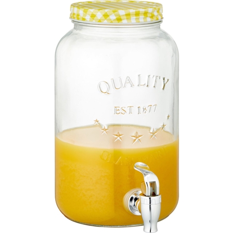 Glazen drankdispenser/limonadetap met geel/wit geblokte dop 3,5 liter -
