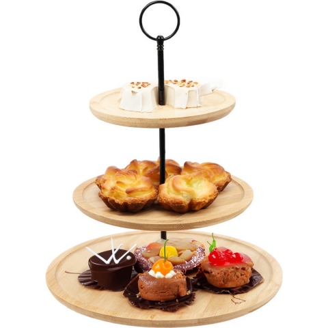 Etagere bamboe hout - 3-laags - presenteer/serveer schalen - D28 x H40 cm - high tea -