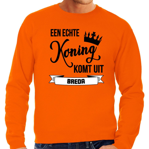 Oranje Koningsdag sweater - echte Koning komt uit Breda - heren - trui M -