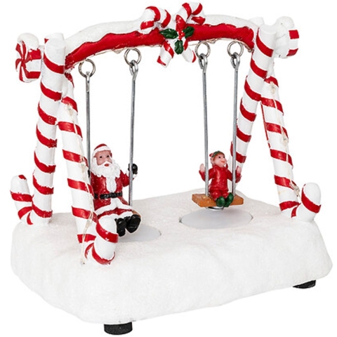 Kerstdorp schommel met kerstman - met verlichting en beweging - 16 cm - polyresin -