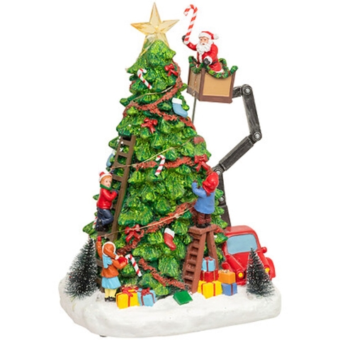 Kerstdorp kerstboom en kerstman - 27 led - muziek en beweging - 39 cm - lichtgevend - polyresin -