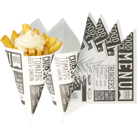 Frietzakjes - 50x st - zwart/wit - 17,5 x 24 cm - papier - puntzakken - patatzakjes -