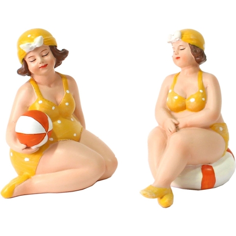 Woonkamer decoratie beeldjes set van 2 dikke dames - geel badpak - 11 cm -