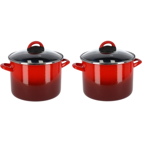 Kookpan/soeppan - Set van 2x stuks - rood - glazen deksel - D20 cm - 4,8 liter - RVS - pannen -