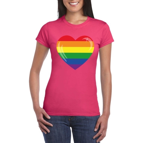 T-shirt met Regenboog vlag in hart roze dames S -