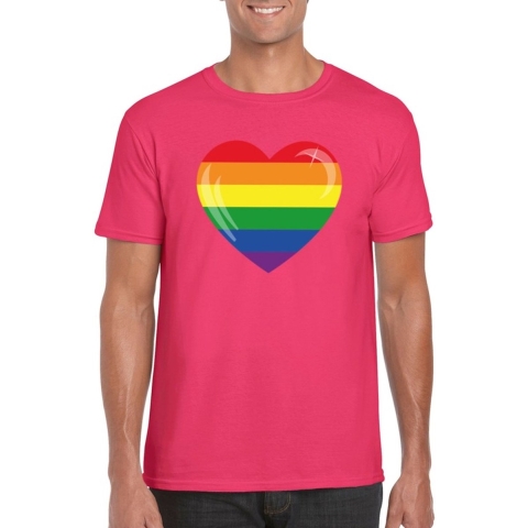 T-shirt met Regenboog vlag in hart roze heren L -