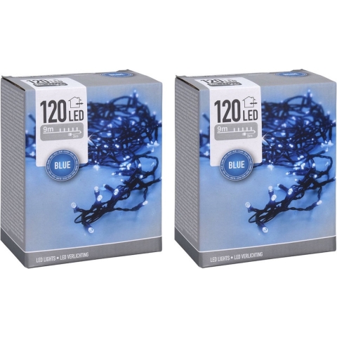 Kerstverlichting lichtsnoeren - 2x - 120 LED lampjes blauw - 9 m - voor binnen en buiten -