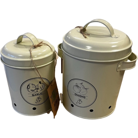 Secrets du Potager Uien/knoflook bewaar blikken - metaal - creme - set van 2 - voorraad/bewaar pot -