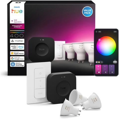 Philips Hue GU10 3-Pack + Hue Bridge Pro – White & Color Ambiance