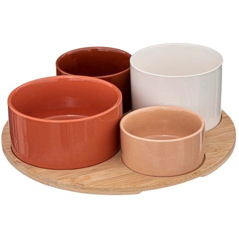 5Five Serveerplank bamboe - met 4x luxe schaaltjes - D33 cm - tapas en saus schaaltjes -
