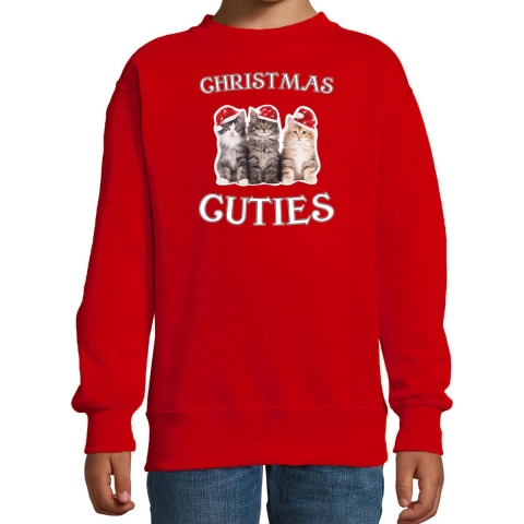 Kitten Kerst sweater / outfit Christmas cuties rood voor kinderen 9-11 jaar (134/146) -