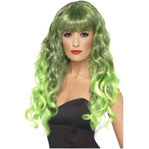 Carnaval verkleed dames pruik - krullen groen - lang haar - heksenpruik -
