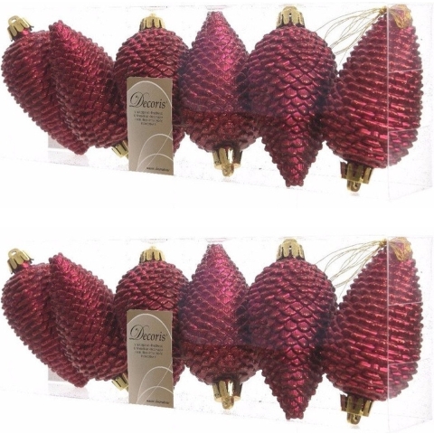 12x Donkerrode dennenappels kerstballen 8 cm kunststof glitter -