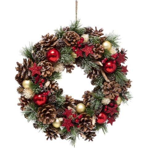 Feeric Christmas Kerstkrans - kerstversiering - D35 x 8 cm - rood/goud - dennenappels - kunststof -