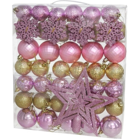 Kerstballen set - met ster piek - 57-delig - kunststof - roze/goud -