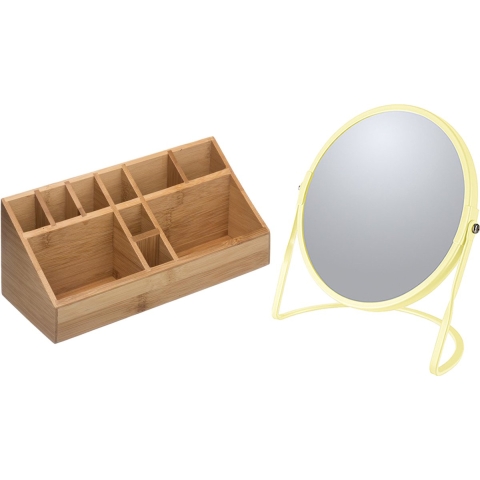 Make-up organizer en spiegel set - 10x vakjes - bamboe/metaal - 5x zoom spiegel -