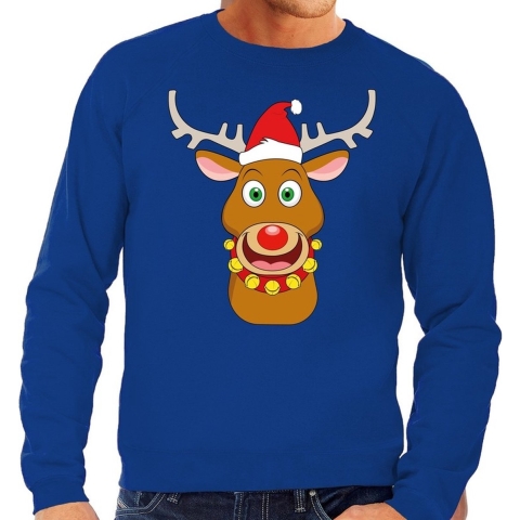 Foute kersttrui rendier Rudolf met rode kerstmuts blauw heren L (52) -