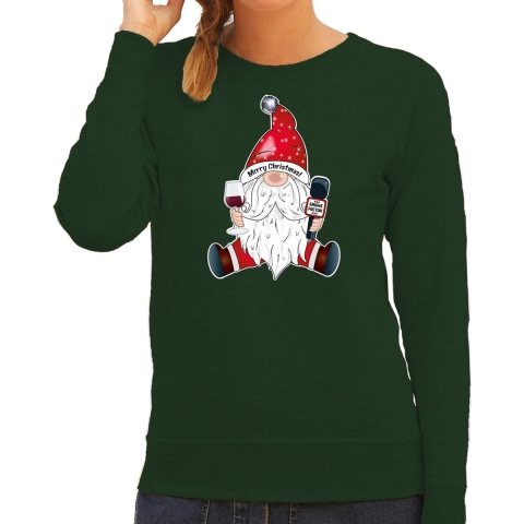 Foute kersttrui/sweater voor dames - karaoke gnoom - groen - kerstkabouter - zingen S -