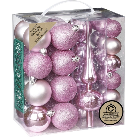 Kerstballen - 39-dlg - 4 en 6 cm - met piek - lichtroze - kunststof -