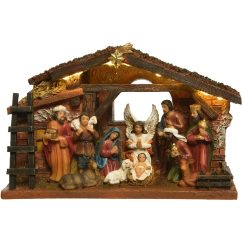 Decoris Complete verlichte kerststal - met beelden - L24 x B7,7 x H15 cm - Kerstmis decoratie -