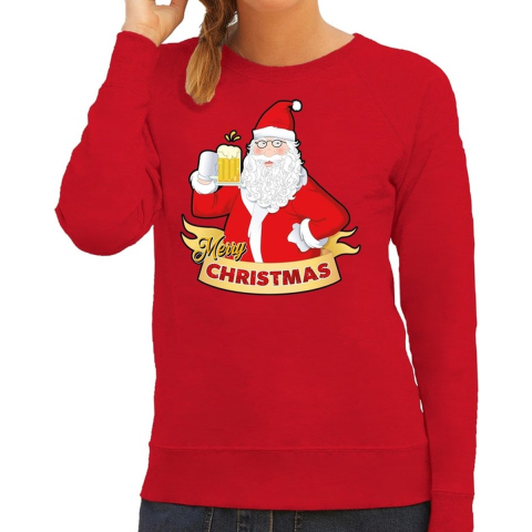 Foute kersttrui rood kerstman met een peul bier voor dames S (36) -
