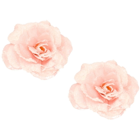 Kerstboomversiering Bloem - 8x stuks - 12 cm - roze glitter - op clip - ornament - roos -