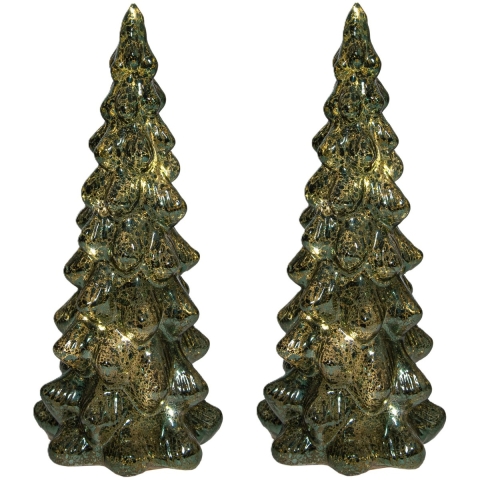 Kerstboom beeldje - 2x - groen - met LED licht - 25 cm - glas - decoratie kerstboompje -