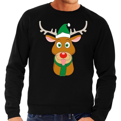 Foute kersttrui rendier Rudolf met groene kerstmuts zwart heren M (50) -