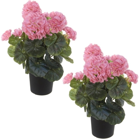 Louis maes Kunstplant - Set van 2x stuks - Geranium - roze - in zwarte pot - 35 cm -