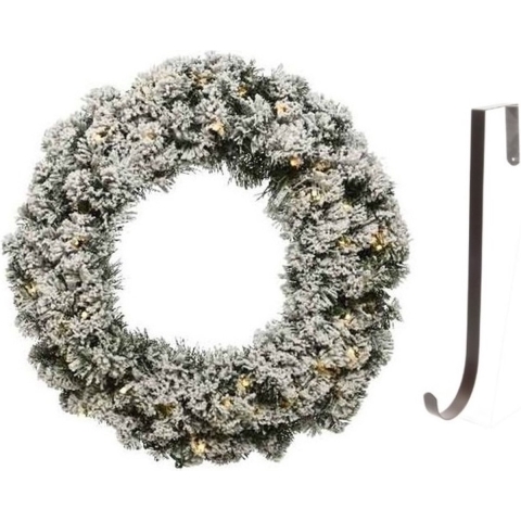 Groen/witte led kerstkrans 50 cm Imperial kunstsneeuw met ijzeren hanger -