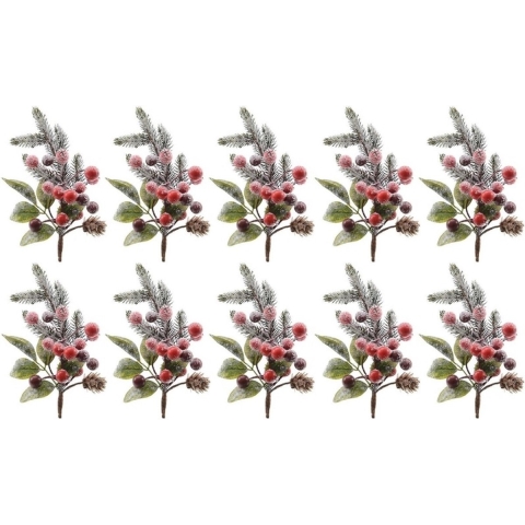 10x Kerststukje stekertjes met bessen en sneeuw groen/rood 20 cm -