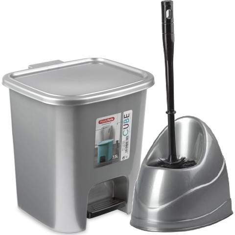 WC-/toiletborstel en houder - zilver - met kleine pedaalemmer 7.5 liter -