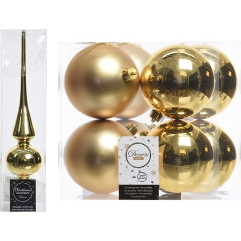 Kerstboom decoratie goud piek en 8x kerstballen 10 cm -