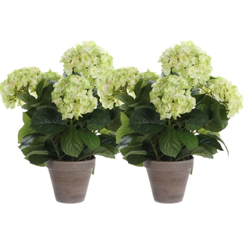 Mica Decorations Kunstplant Hortensia - 2x - lichtgroen - 45 cm - in pot -