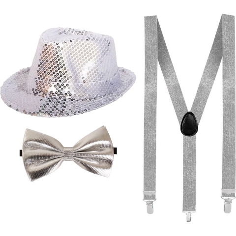 Carnaval verkleed set hoed-strikje-bretels zilver glitters -
