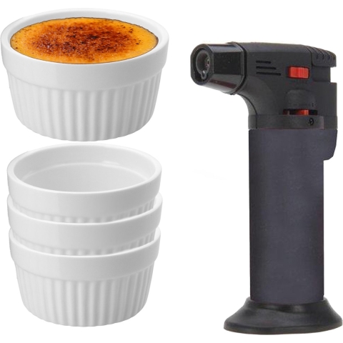 5-Delige creme brulee set met witte schaaltjes en een grijze brander -