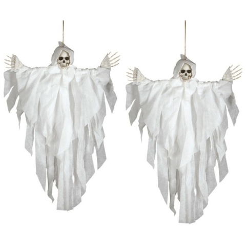 Horror hangdecoratie spook - 2x stuks - geest pop - wit - 75 cm - Halloween decoratie poppen -