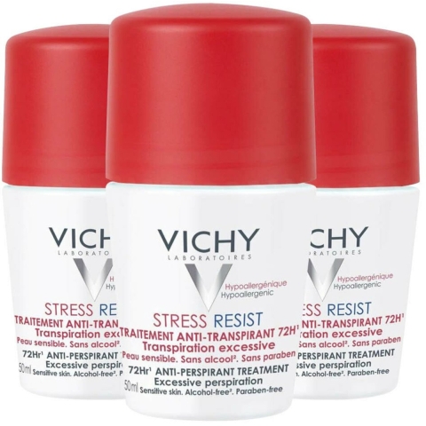 3x Vichy 72Hr Overmatige Transpiratie Stress Resist Deodorant Roller 50 ml
