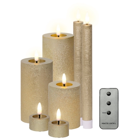 LED kaarsen set - 7-dlg - goud - dinerkaarsen/stompkaarsen/theelichten - afstandsbediening -
